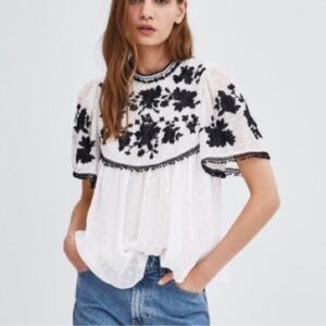 Zara Floral Embroidered Black and White Women's Top